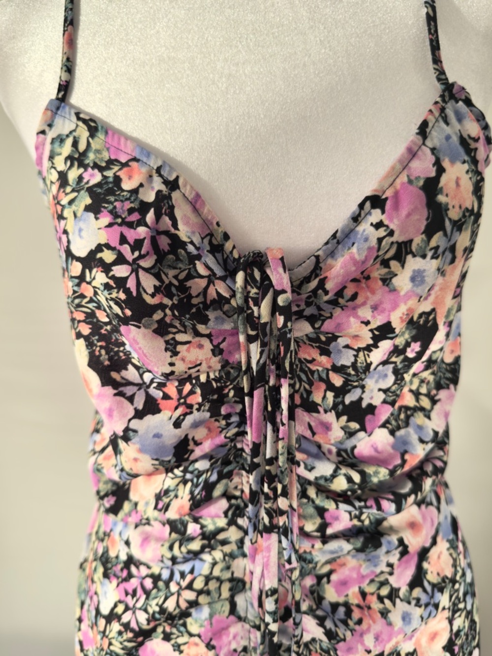 Blashe Black Pink Floral Ruched Cami Mini Dress Sweetheart Ruffle Hem - Picture 8 of 8